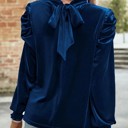  Blue Fiery Mock Neck Puff Sleeve Velvet Blouse