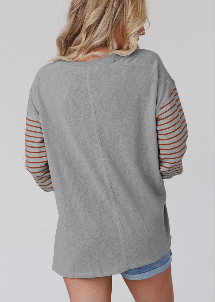 Gray Colorblock Striped Bishop Sleeve Top