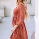  Brown Suede Square Neck Puff Sleeve Dress