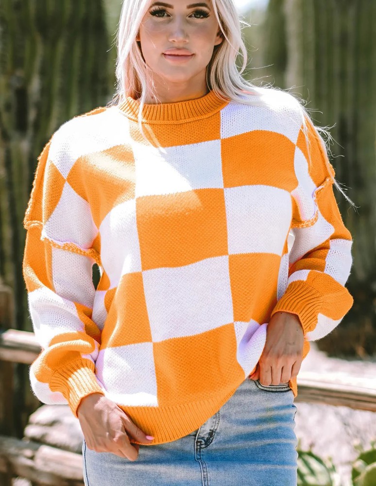 Tennessee Checkered Bishop Sleeve Sweater