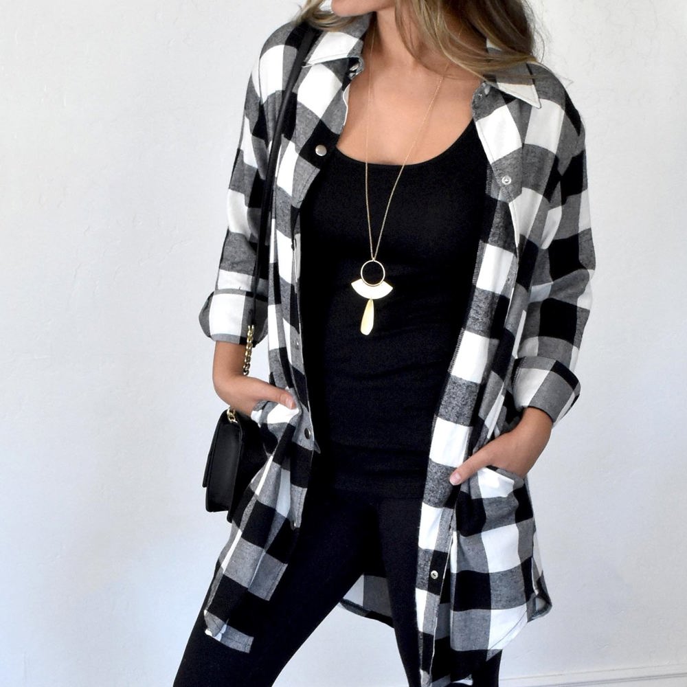 Turn-Down Collar Plaid Long Sleeve Coat