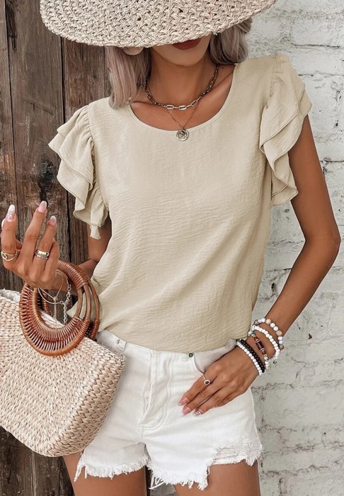 Beige Solid Color Ruffled Short Sleeve Casual Blouse