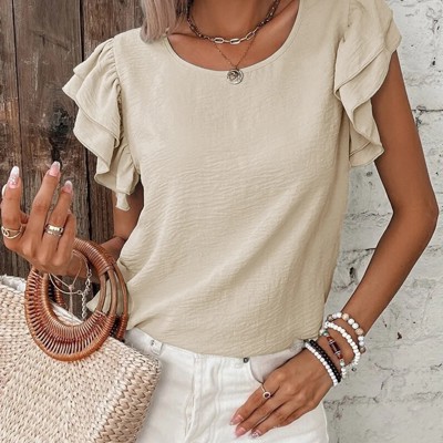 Beige Solid Color Ruffled Short Sleeve Casual Blouse