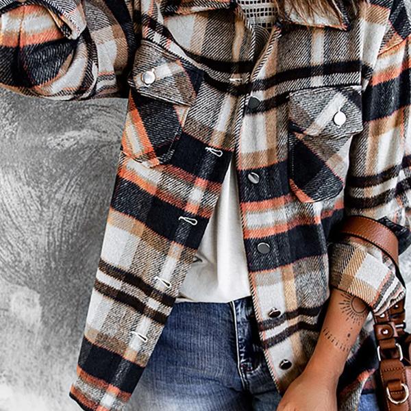 Geometric Plaid Print Pocketed Shacket