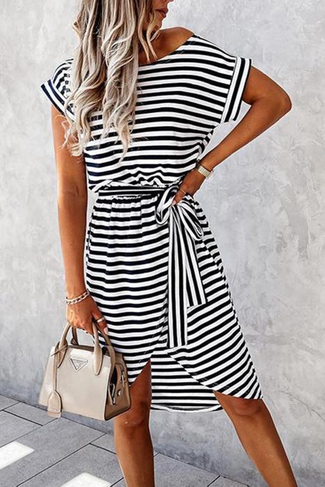 Stripe Short Sleeve Belted Wrapped Hemline Dress