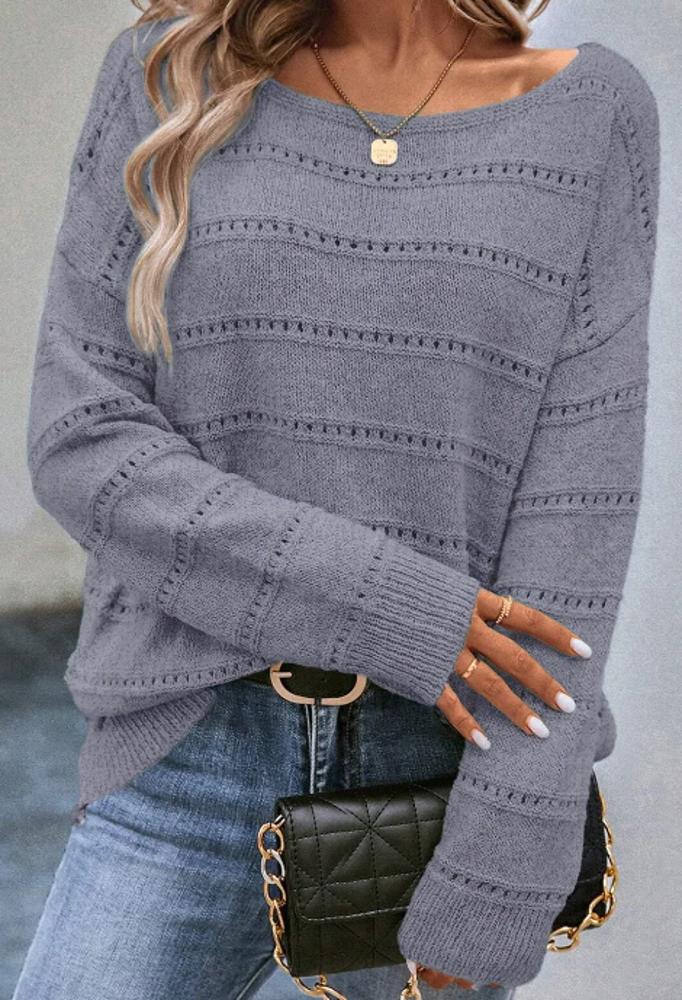 Light Grey Boat Neck Drop Shoulder Pointelle Knit Sweater