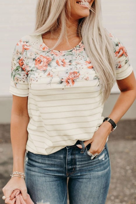 Spring Floral & Stripe Tee