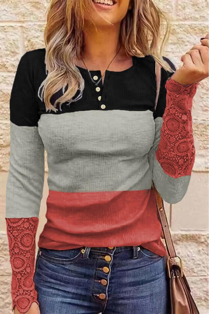 Gray Ribbed Lace Splicing Color Block Top