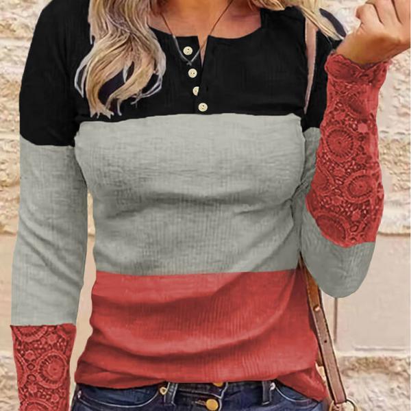 Gray Ribbed Lace Splicing Color Block Top