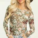  Green Floral Print Mesh Fitted Long Sleeve Top