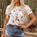  Beige Western Cactus Print Crew Neck Short Sleeve Top