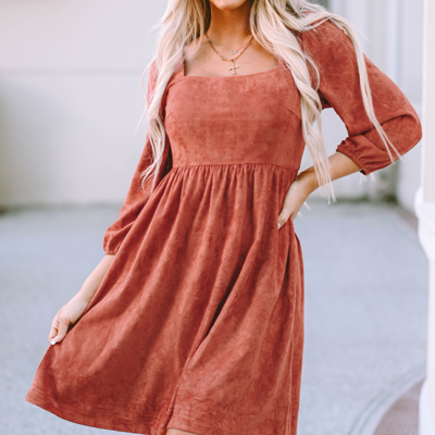 Brown Suede Square Neck Puff Sleeve Dress