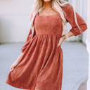  Brown Suede Square Neck Puff Sleeve Dress