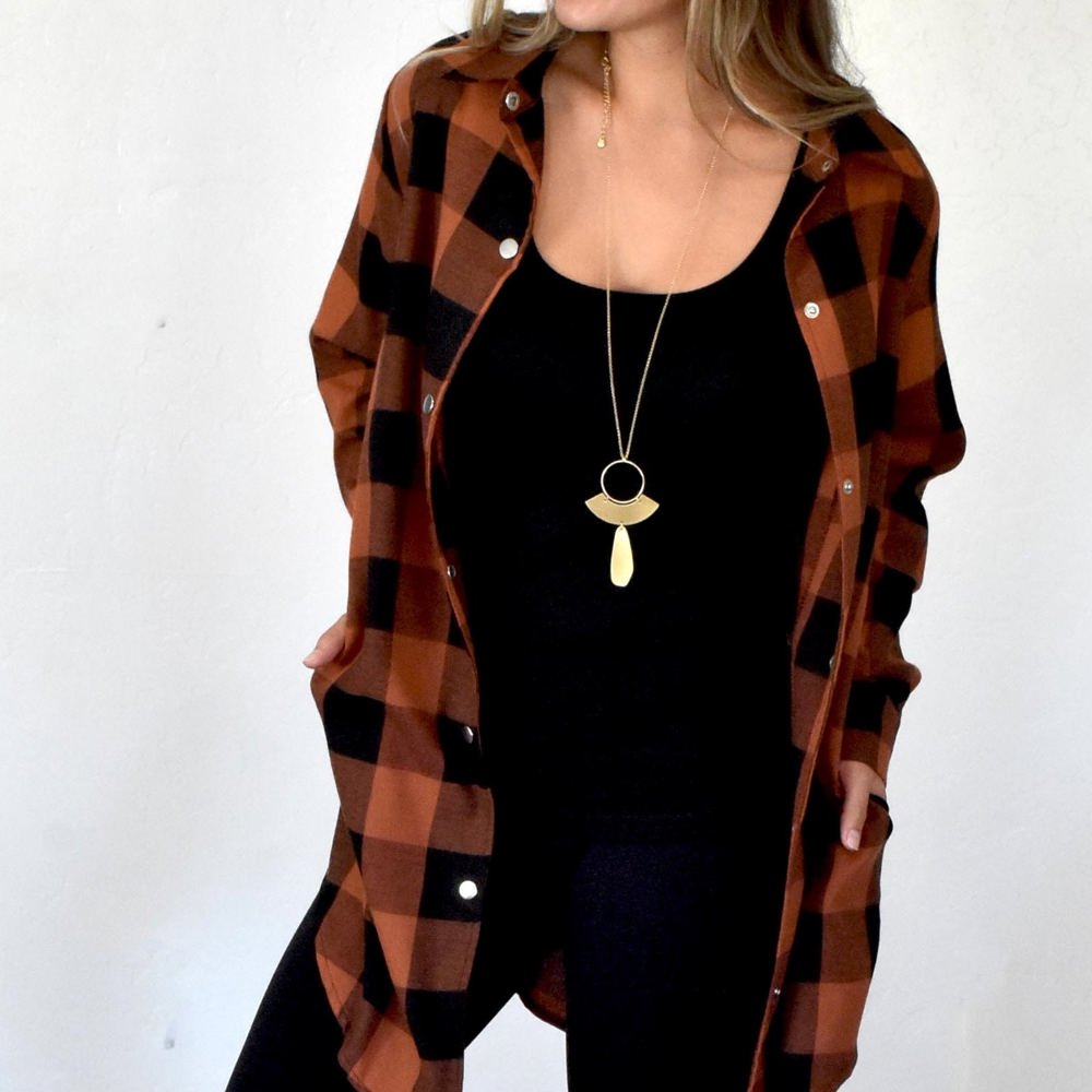 Turn-Down Collar Plaid Long Sleeve Coat