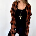  Turn-Down Collar Plaid Long Sleeve Coat