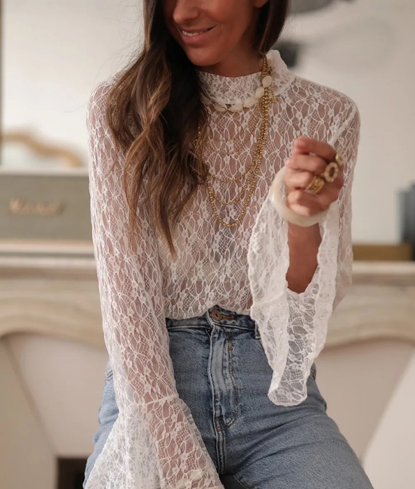 White Sheer Lace Bell Sleeve Mock Neck Blouse