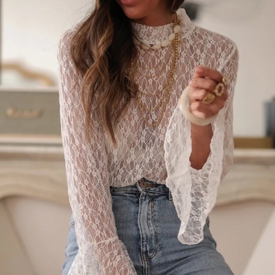 White Sheer Lace Bell Sleeve Mock Neck Blouse
