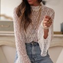  White Sheer Lace Bell Sleeve Mock Neck Blouse