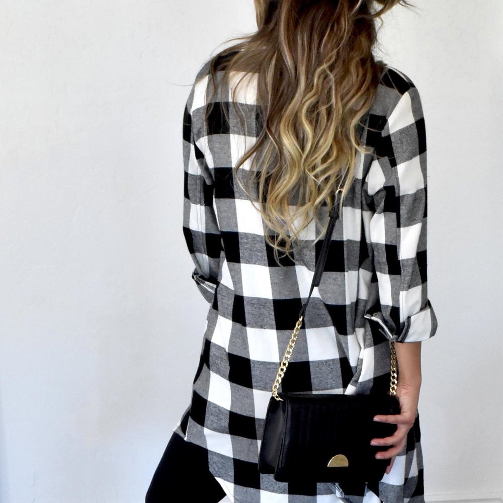 Turn-Down Collar Plaid Long Sleeve Coat