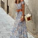  Blue Boho Paisley Print Off Shoulder Maxi Dress