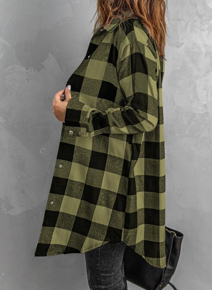 Turn-Down Collar Plaid Long Sleeve Coat