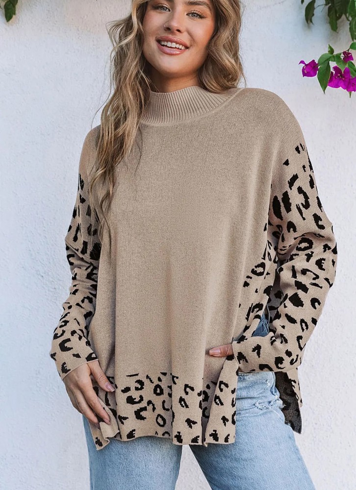 Leopard High Neck Side Slit Oversized Sweater