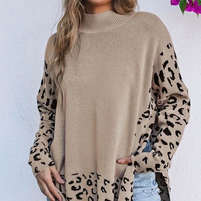 Leopard High Neck Side Slit Oversized Sweater