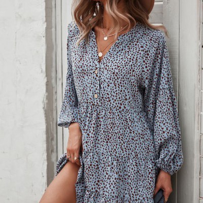 Dotted ruffled long sleeve tiered dress