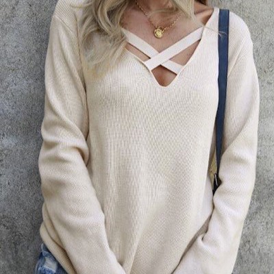 Criss cross V neck ribbed knit sweater