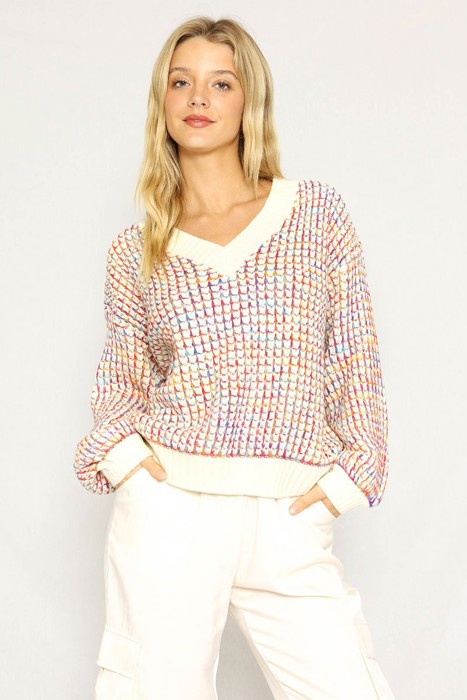 Multicolor yarn v-neck sweater