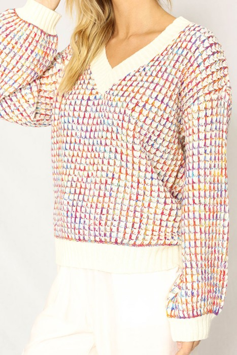 Multicolor yarn v-neck sweater