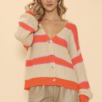 Striped ribbed knit button front cardigan