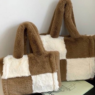 Fuzzy Checkered Shoulder Bag
