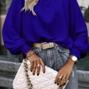 Small Blue  Ruffle Hem Mock Neck Puff Sleeve Top