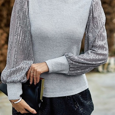 Ribbed mock neck top with sequin sleeves