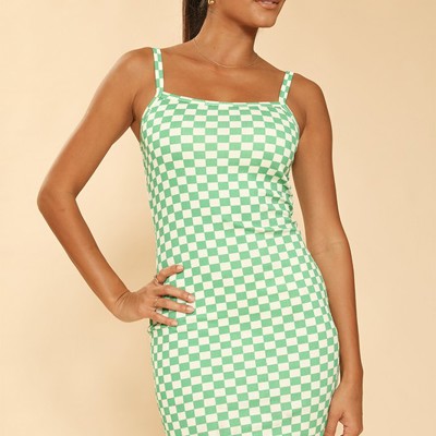 Checkered rib knit tank top dress