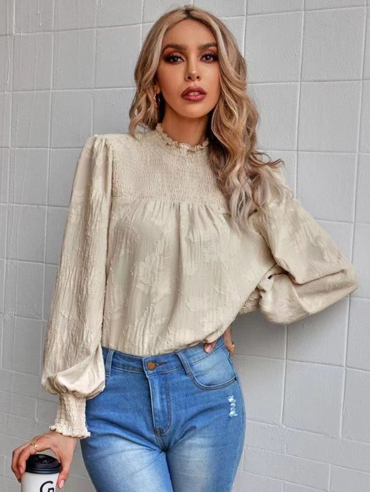 Floral Pattern Smoked Blouse Lantern Sleeve Top