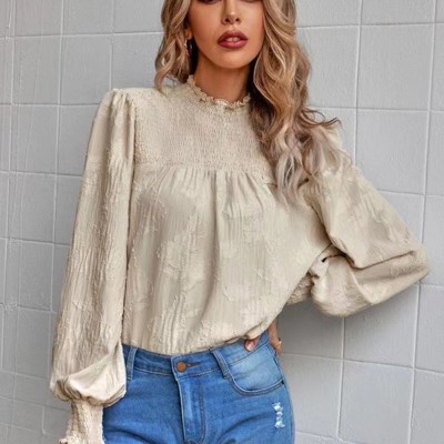 Floral Pattern Smoked Blouse Lantern Sleeve Top