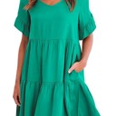 Small Green Solid Color V Neck Tiered Dress