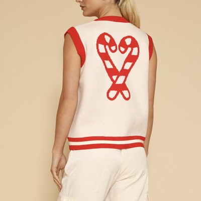 Candy cane knit button front vest