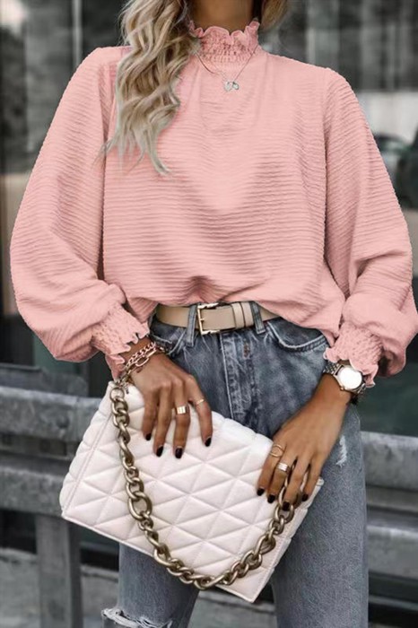  Ruffle Hem Mock Neck Puff Sleeve Top