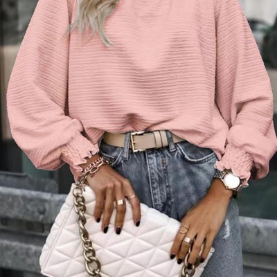  Ruffle Hem Mock Neck Puff Sleeve Top