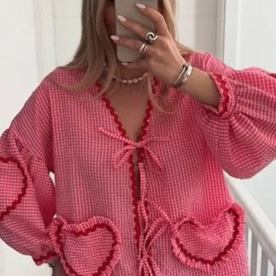 PINK Front Tie lantern sleeve top