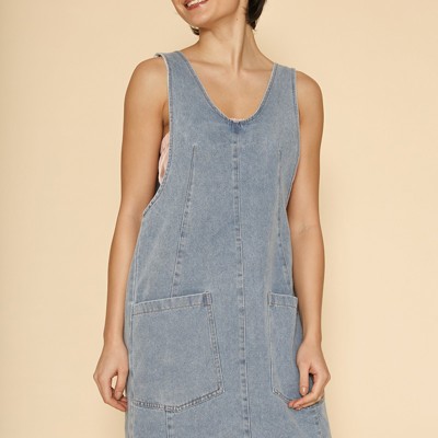 Denim scoop neck overall dress