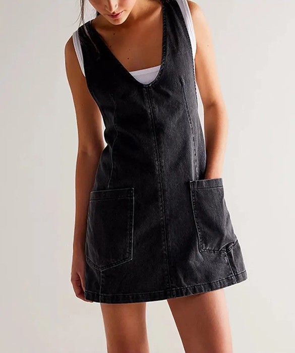 Denim scoop neck overall dress