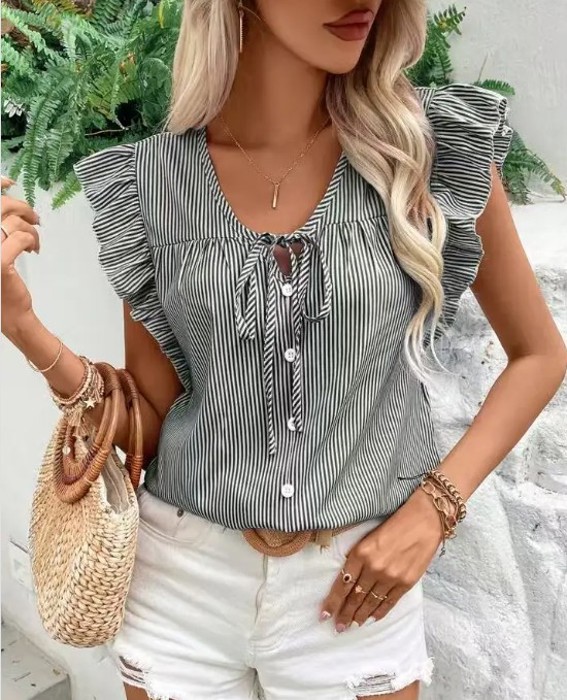 Striped Ruffle Tie Front Blouse