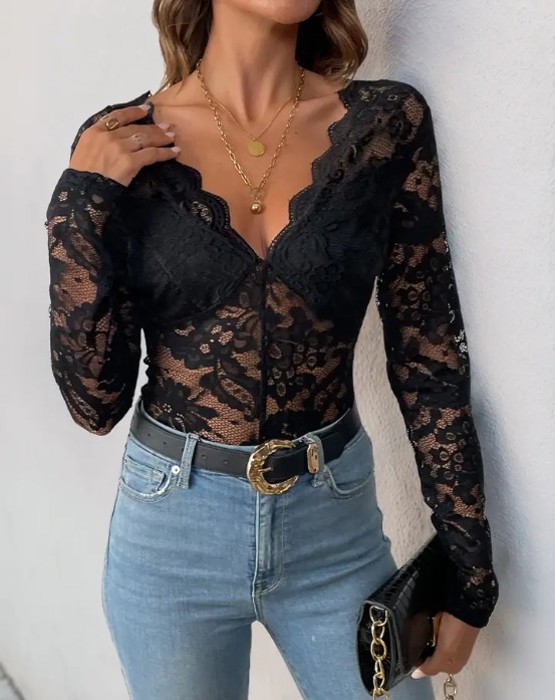 Women's  Long Sleeve Lace Bodysuit