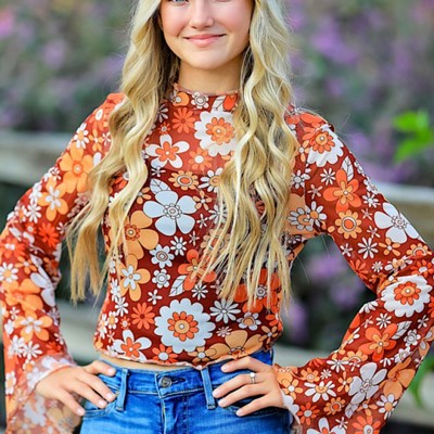 Mesh cropped printed top