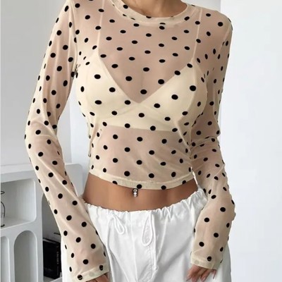 Mesh polka dot long sleeve cropped top