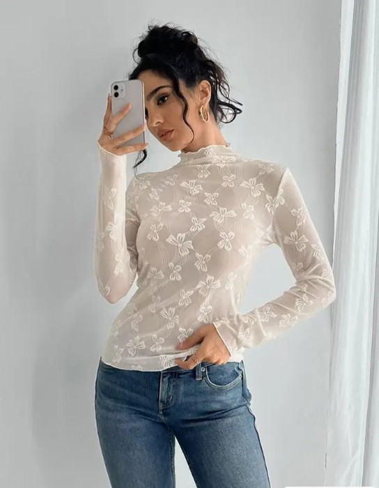 Miss Sparkling Mesh bow printed long sleeve top